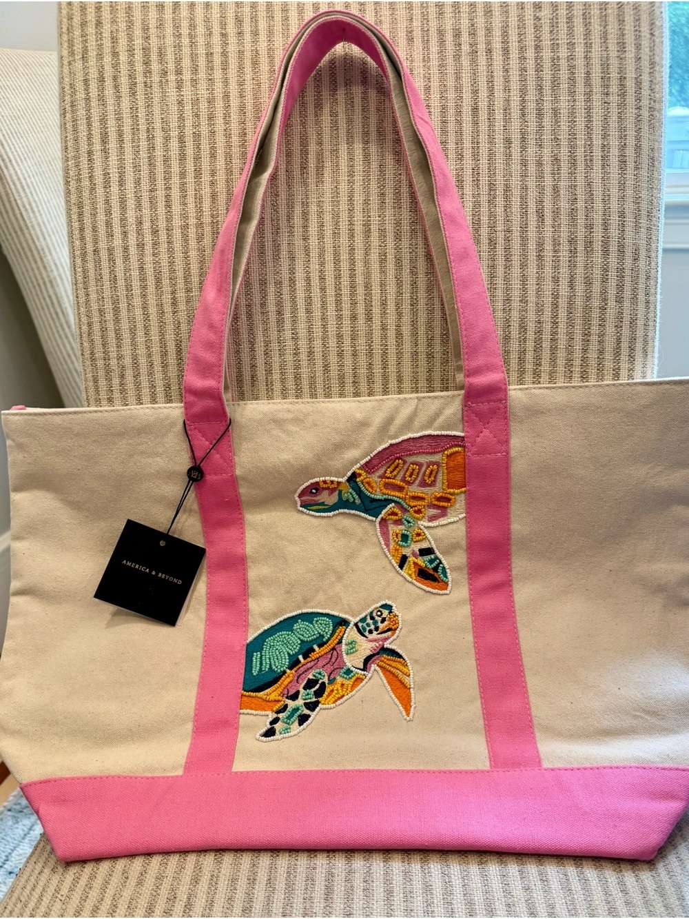 Sea Turtle Embroidered Canvas Tote with Pink Trim